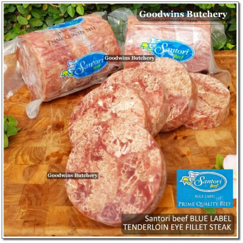 Beef Eye Fillet Mignon Has Dalam TENDERLOIN frozen MELTIQUE Santori BLUE LABEL STEAKS +/- 1" ORIGINAL BAG (price/pack 1kg 5pcs)